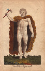 The White Negro Male. African man wearing an animal skin and carrying an ax.