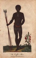 The Caffre Man. Native of South Africa holding three spears  naked  but wearing a necklace of bones and a red belt around his waist.