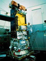 NOAA satellite with technician  1970s.