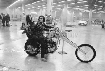 Couple on a Harley Davidson chopper  USA  late 1960s.