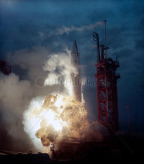 Rocket exploding on launch pad  early 1960s.