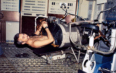 Astronaut Owen Garriott in a Lower Body Negative Pressure Device  1973.