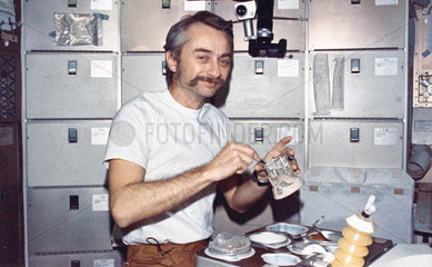 Astronaut Owen Garriott eating in space on board Skylab  1973.