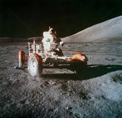 Apollo 17 astronaut Eugene Cernan on the Moon in the Lunar Rover  1972.