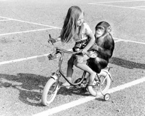 Schimpanse und Maedchen fahren Fahrrad