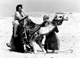 Touristin mueht sich auf ein Kamel