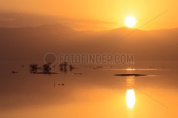 Sunset on the lake in winter Kerkini Greece