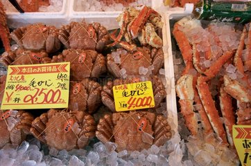 Slate of crab in a market in the winter Hokkaido Japan