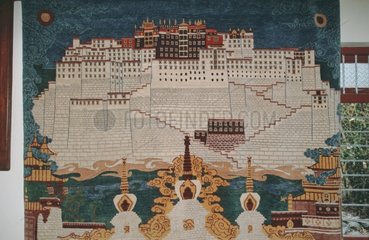 Teppich mit gewebtem Bild einer tibetischen Stadt