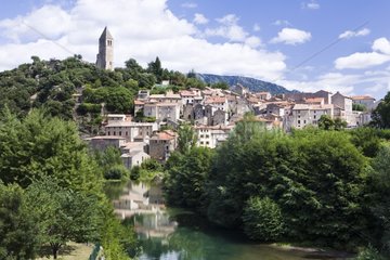 Olargues and the river Jaur in the summer Herault France