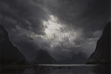 The fjord of Milford Sound in South Island before the storm