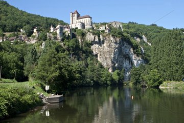 Church and village of St Cirq Lapopie cliff-edge Lot France
