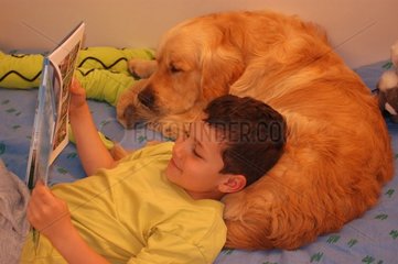 Enfant lisant sur son lit avec un Golden retriever
