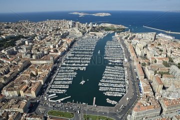 Air shot of Old marina and islands of Marseille France