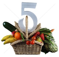 The number five with fruits and vegetables