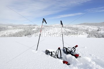 Snowshoeing and batons in front of a snowy landscape