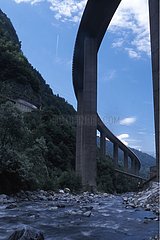 Egratz viaduct rising above the Arve river Haute-Savo