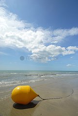 Yellow buoy grounding on a beach Hérault France