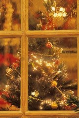 Weihnachtsbaum hinter einer Scheibe dekoriert