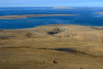 Air shot of the shore of an Island of the Arctic Canada