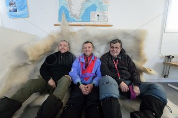 Left to right: Pierre  Frederic Vernay and Jean Yves Lapaix. In a classroom of an abandoned school in Unarteq  Greenland  February 2016