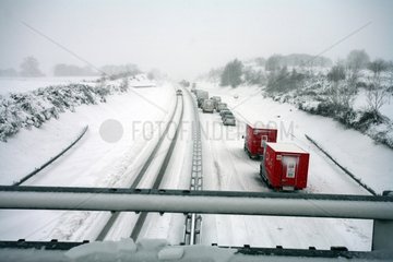 Traffic blocked by the snow on the highway in France