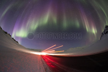 Aurora borealis over Highway No. 1  near Vik  Iceland.