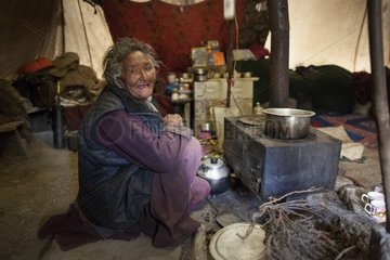 Elderly woman Samad inside a nomad tent  Dipling  Highlands  Ladakh  Himalaya  India
