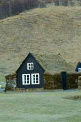Turf-roofed cottages from the 19th century rebuilt from the museum  Skogar  south Iceland