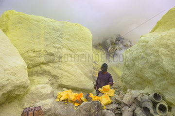 Indonesia  Java Island  East Java province  Kawah Ijen volcano  Miner preparing sulfur blocs
