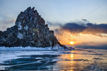 Sunset over Lake Baikal and Shaman Rock  Olkhon Island  Siberia  Russia