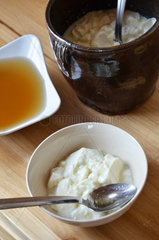 Curdled milk of yak and tibetan honey for breakfast - China
