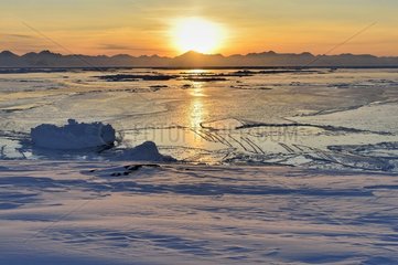 The Scoresbysund and new ice. Greenland  February 2016  sunset at around 2p.m