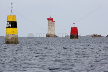 Beacons and La Croix lighthouse located at the mouth of Trieux river leading to Lezardrieux port  between Ile de Brehat and Ploubazlanec in Brittany  France