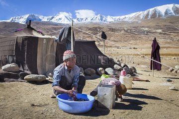 Man washing his clothes in a camp  Surroundings of Korzok  Leh  Ladakh  Himalayas  India