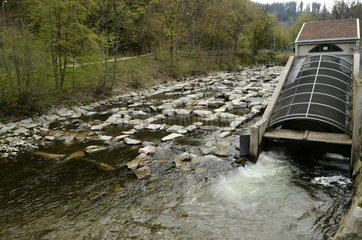 Small hydraulic power station on a river  turbine in the form of a propeller to Freiburg  Baden Wurttemberg  Germany