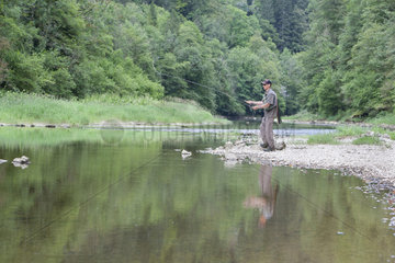 Fly fishing on the Doubs river  Doubs  Franche-Comte  France
