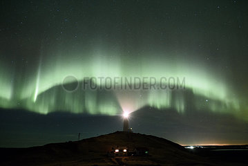 Aurora borealis and Reykjanes lighthouse  Iceland