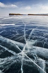 Cracks in the ice on the surface of Lake Baikal  Siberia  Russia
