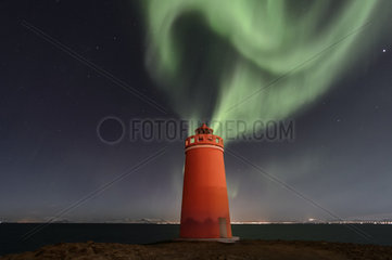 Aurora borealis and Keflavik lighthouse  Iceland.
