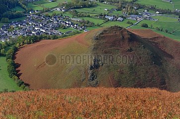 The Poey (652 m high): fern-covered hillock composed of ophite  overlooking Accous and the Plaine de Bedous  Aspe valley  Pyrenees  France