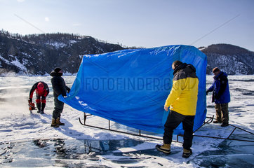 Preparation of installations before diving - Lake Baikal  Siberia  Russia