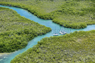 Aerial view of boats anchored in the mangrove  Marathon Island in the Keys archipelago  Florida