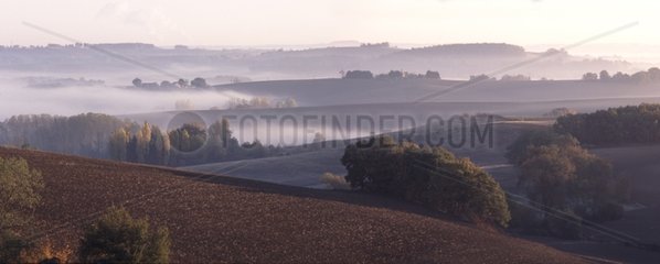 Countryside of Gers and layers of fog in November