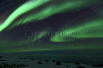 Kap Hope village (Igterajivit) and and the aurora borealis during the polar nights in february 2016  Greenland