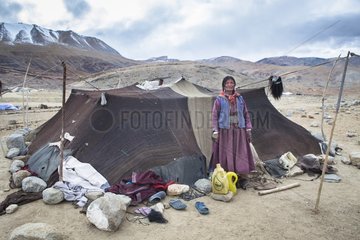 Elderly woman in front of tent in camp  Surroundings of Korzok  Leh  Ladakh  Himalayas  India