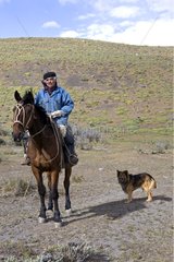 Gaucho on his horse with his dog Chilean Patagonia
