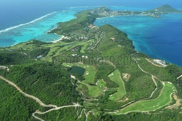 Aerial view of the hotel and golf course on Canouan Island