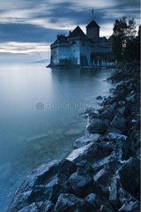 Dusk moody view of the Castle of Chillon Switzerland