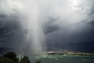 Curtain of hail on Aix-Les-Bains and Bourget lake  Savoie  Alps  France